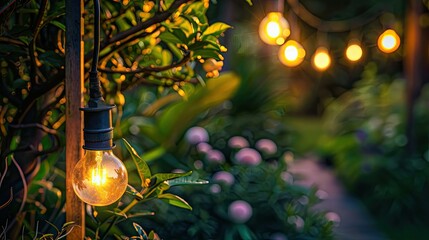 Garden decorated with solar-powered light bulbs, creating a charming and sustainable outdoor...