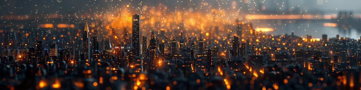 Abstract digital map of New York City, with black and orange color theme, glowing lines connecting buildings in the city center to create an urban network pattern, against grey background.