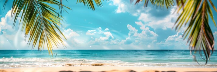 Beautiful summer background with blurred sandy beach and palm tree leaves on blue sky banner, panoramic banner with copy space for design text