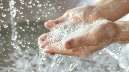 Obraz premium Hands lathering liquid soap under running water, emphasizing the importance of thorough hand washing
