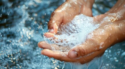 Fototapeta premium Hands lathering liquid soap under running water, emphasizing the importance of thorough hand washing