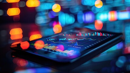 Abstract financial data visualizations on a digital tablet, representing business intelligence and data analysis