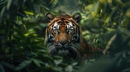 Majestic tiger prowling through lush foliage, exuding power and grace in its natural habitat