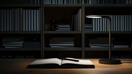 Minimalist table lamp shedding light on an open notebook and pen, perfect for late-night study sessions