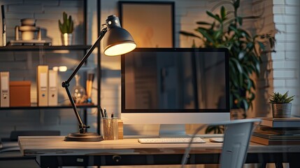 Modern desk lamp casting a warm glow over a tidy workspace, creating an inviting atmosphere for productivity