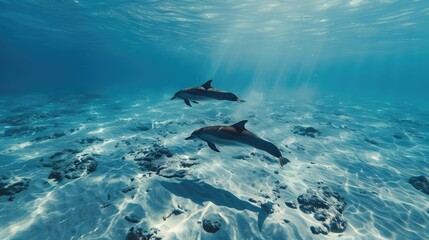 Naklejka premium Pair of dolphins swimming in perfect harmony, their synchronized movements a captivating sight in the vast ocean expanse