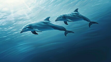 Obraz premium Pair of dolphins swimming in perfect harmony, their synchronized movements a captivating sight in the vast ocean expanse
