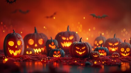 halloween jack-o-lanterns, simplistic halloween background with glowing jack-o-lanterns of different sizes on bright backdrop, providing a festive setting for spooky designs