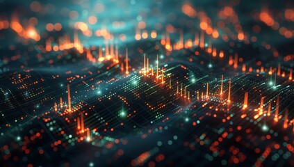 Obraz premium Green stock market chart with world map and candles, glowing green lines on a dark blue background with orange, red, white and green light waves in the style of different artists.