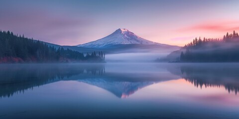Majestic snow-covered mountain reflecting in calm lake during sunrise, creating serene symmetrical scenery with soft pink and blue hues.