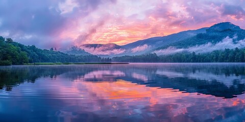 Enchanting sunset over calm mountain lake reflecting pink, purple, orange hues under cloudy sky, serene nature, tranquil evening atmosphere. Copy space. - Powered by Adobe