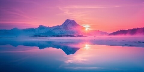 Ethereal pink and purple sunrise over serene mountain reflecting perfectly on calm lake waters,...