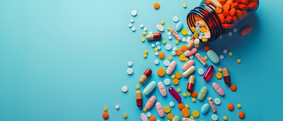 Obraz premium Bottle and scattered pills on solid background. copy space 
