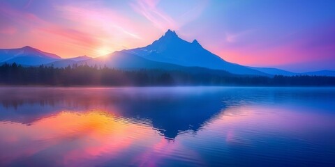 Spectacular misty lake sunrise with purple, pink, orange hues reflecting on calm water, majestic mountains in distance. Tranquil scene invokes serenity.