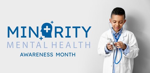Little African-American doctor and text MINORITY MENTAL HEALTH AWARENESS MONTH on light background