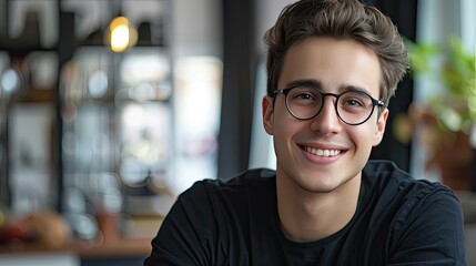 Obraz premium Smiling young professional wearing glasses, embodying intelligence and forward-thinking in his career