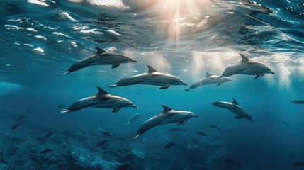 Spectacular underwater shot of dolphins gliding effortlessly through the deep blue sea, their freedom evident in every graceful movement