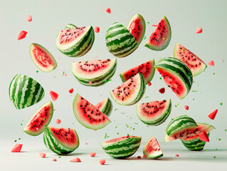 photography of WATERMELON falling from the sky Watermelon watermelons, many angles and view side top front sliced halved bunch cut isolated on white background cutout file.