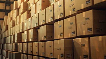 Stack of cardboard shipping boxes ready for delivery, neatly labeled and organized in a warehouse