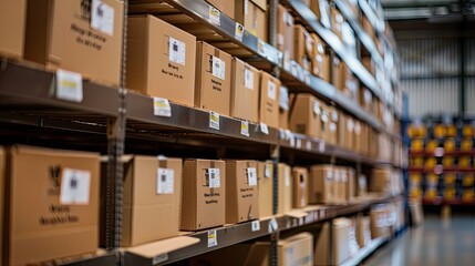 Fototapeta premium Stack of cardboard shipping boxes ready for delivery, neatly labeled and organized in a warehouse