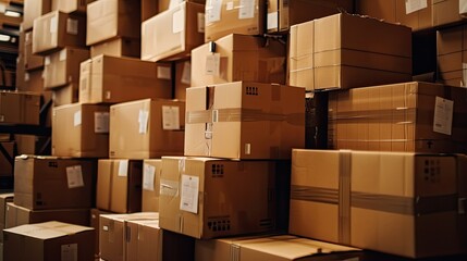 Stack of cardboard shipping boxes ready for delivery, neatly labeled and organized in a warehouse