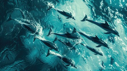 Fototapeta premium Stunning aerial view of a pod of dolphins swimming in formation, creating intricate patterns beneath the ocean surface