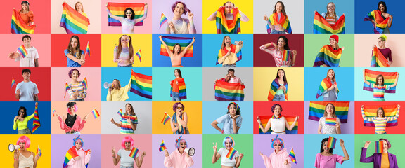Collage of many people with LGBT flags on color background