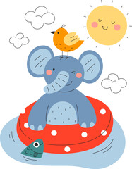 Elephant And Bird In Inflatable Ring