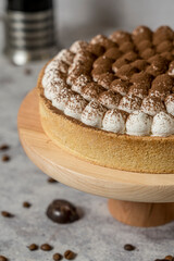 Sweet homemade vanilla cake with dulce de leche meringue and coffee