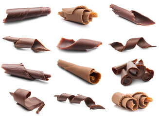 Set of sweet chocolate curls on white background