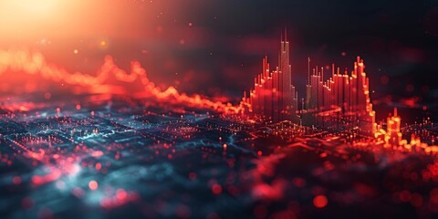 Stock market graph going up with arrow pointing upwards, background with dark gradient and light red highlights, white lines on black background