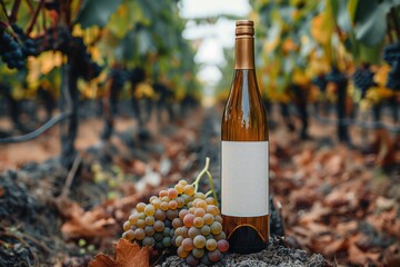 White wine bottle with grapes in vineyard