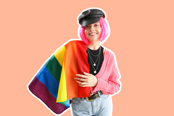 Young woman with LGBT flag on pink background