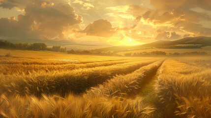 A field of golden wheat with a sun in the sky