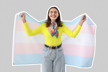 Young woman with transgender flag on light background