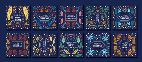 Beautiful flower collection of posters with doodles floral with poinsettia, pine cone, spruce, branch, leaves, floral bouquets, flower compositions. Notebook covers