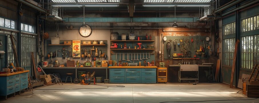 Spacious vintage workshop with tools on wall - Powered by Adobe