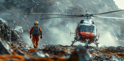 A man in an orange jumpsuit is walking towards a helicopter