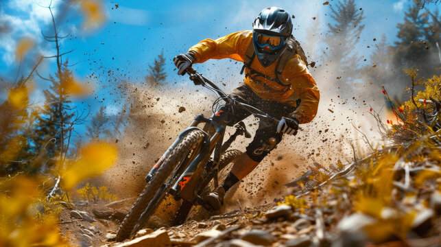 A man in a yellow jacket is riding a dirt bike down a hill