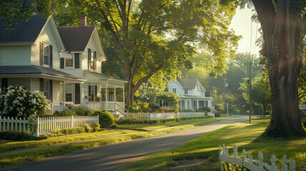 Fototapeta premium A quiet suburban street with a white picket fence and a white house