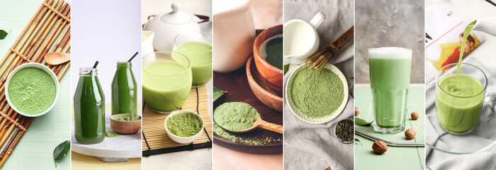 Collection of matcha beverages wsth powder on table