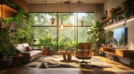Fototapeta premium Embrace a living room design that harmonizes with nature by incorporating earthy tones, natural materials, and abundant plant life to create a serene and inviting space. 