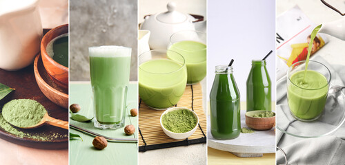 Set of matcha beverages wsth powder on table