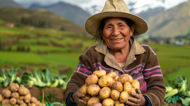 An adult Andean woman holds a pile of freshly harvested native potatoes.
