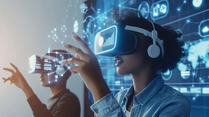 People using AR glasses seamlessly interact with virtual elements overlaid on their real-world environment, enhancing their everyday experiences.