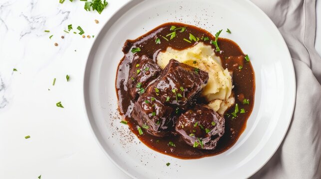 Beef cheeks cooked in a red wine sauce served with mashed potatoes White background with top view