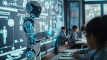 In this futuristic classroom scenario, the robot seamlessly assumes the role traditionally held by the teacher, delivering lessons with precision and efficiency.