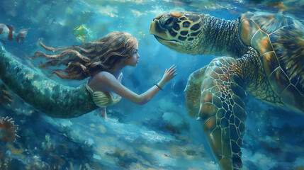 Fototapeta premium Mermaids and turtles are swimming gracefully through the crystalline blue waters, their movements synchronized in a harmonious ballet beneath the waves. 