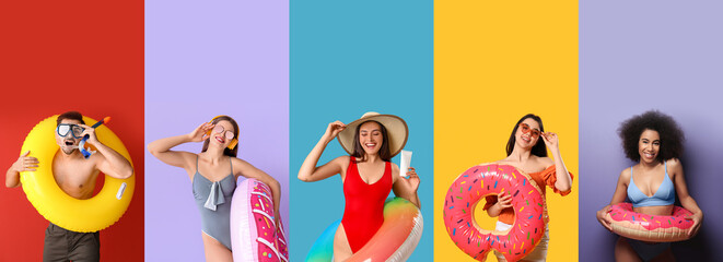 Set of happy people with inflatable rings on color background