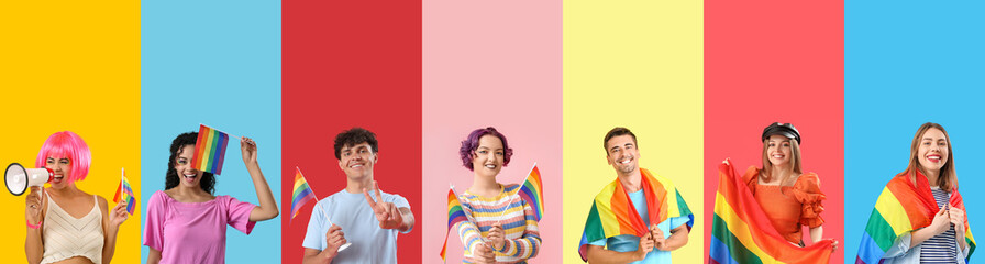 Collage of many people with LGBT flags on color background
